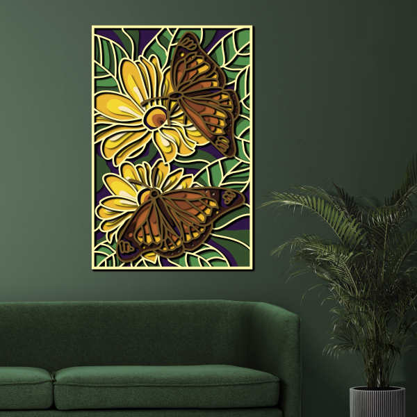 Butterflies and yellow flowers free multilayer cut file plywood 3D mandala