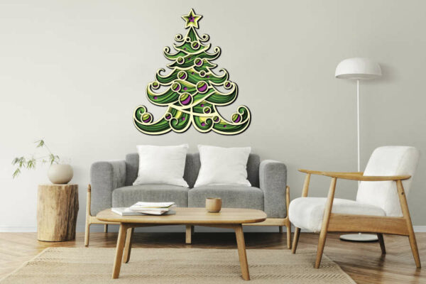 Living room in Scandinavian interior design with Christmas cutting wall decor