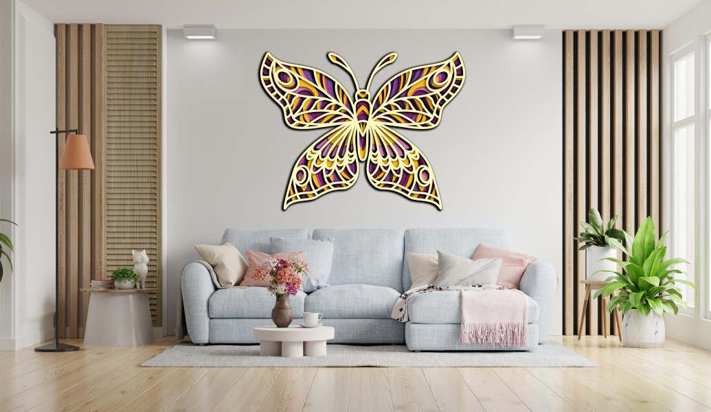 Yellow butterfly free multilayer cut file plywood 3D mandala