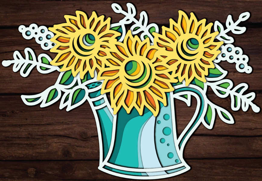 Garden watering can with flowers free multilayer cut file plywood 3D mandala