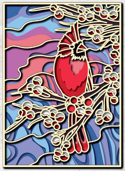 Cardinal on a winter branch framed free cut file 3D mandala