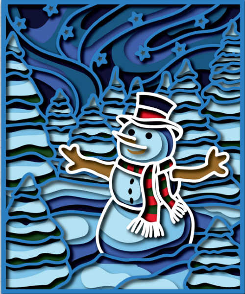 Snowman in winter forest framed free cut file 3D mandala