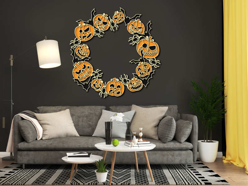 Halloween pumpkins wreath free multilayer cut file 3D mandala interior