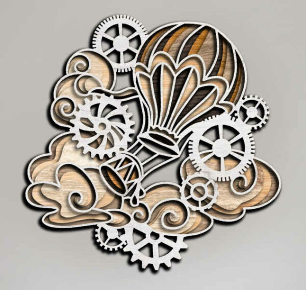 Hot Air Balloon with Gears and Clouds Multi layer 3D Cut