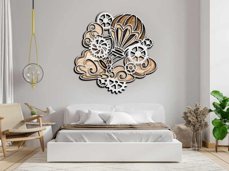 Hot Air Balloon with Gears and Clouds Multi layer 3D Cut Interior