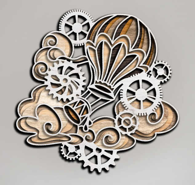 Hot Air Balloon with Gears and Clouds Multi layer 3D Cut