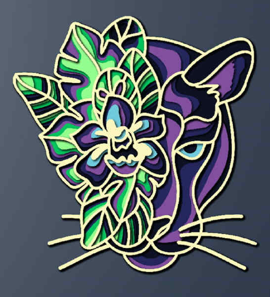 Panther with Flower Muzzle and Leaves multilayer 3D Cut