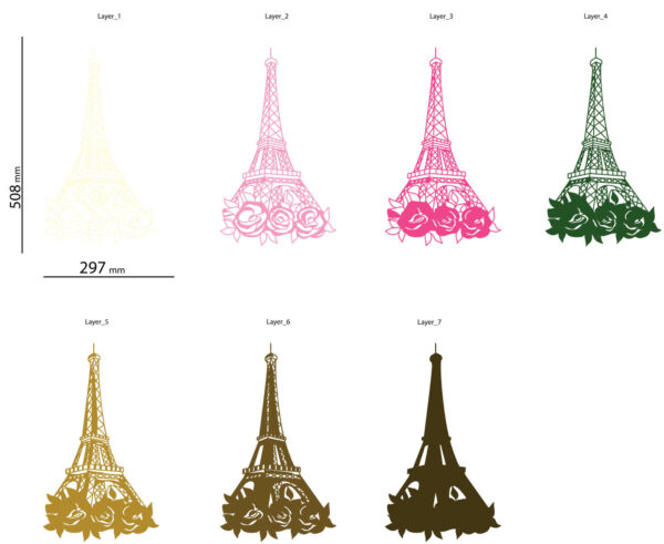 Paris Eiffel Tower with Roses Multi layer 3D Cut layers