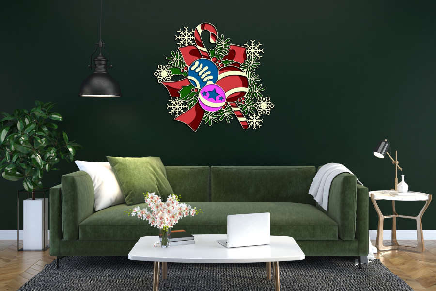 Ribbon, candy stick and christmas ball multilayer cut file in interior