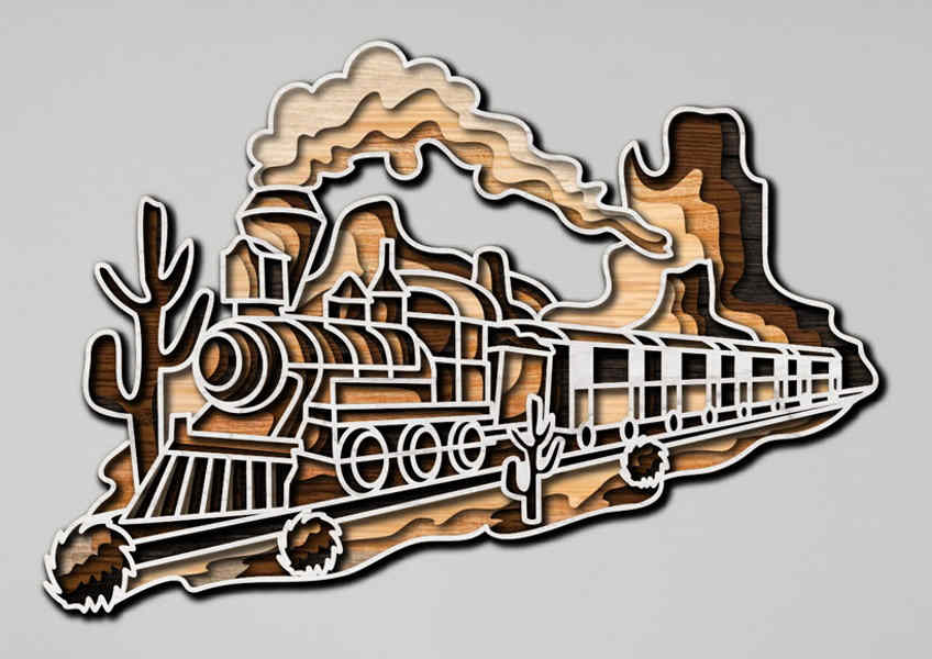Steam Engine Train in Wild West multilayer 3D Cut