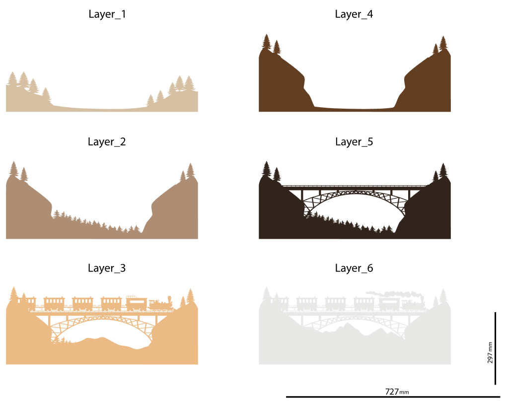 Train over bridge in Mountains multilayer 3D Cut layers
