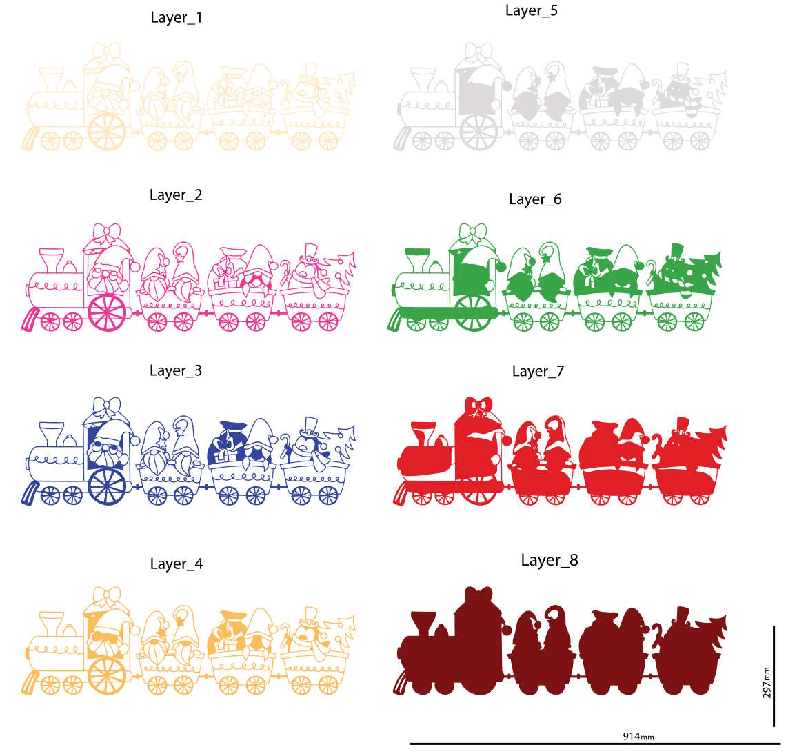 Christmas Train with dwarves multilayer 3D Cut layers