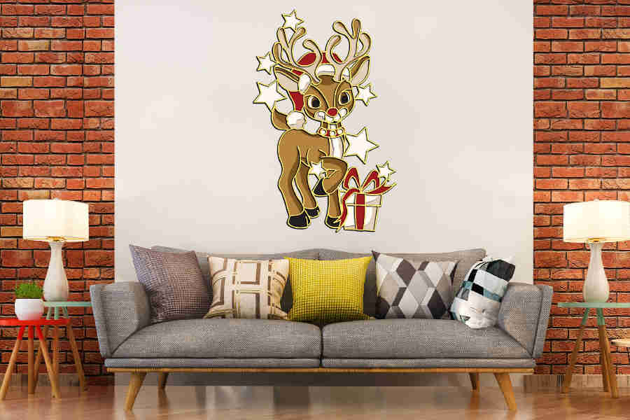 Reindeer in santa hat standing with christmas gifts cut design Interior