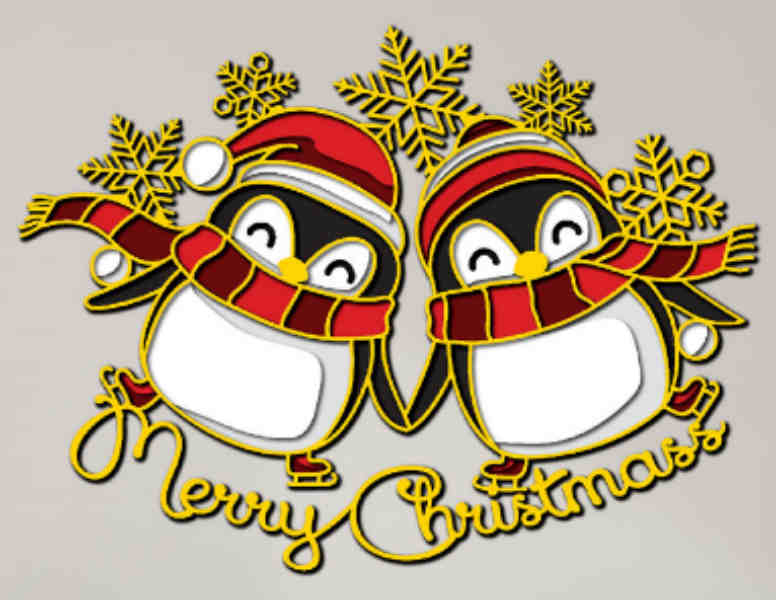 Two Penguins Merry Christmas multilayer 3D Cut
